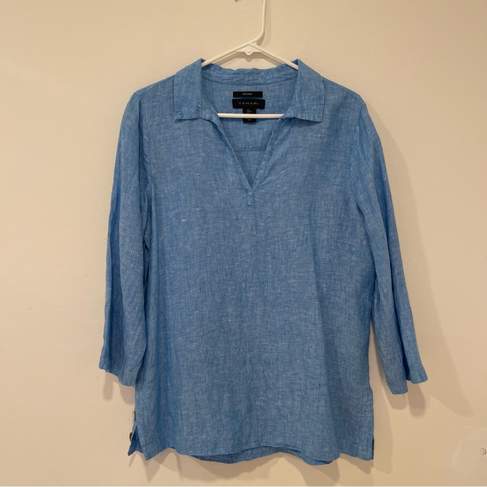 Tahari Sky Blue 100%Linen Split-Neck Tunic Top Pearlescent Buttons Size L